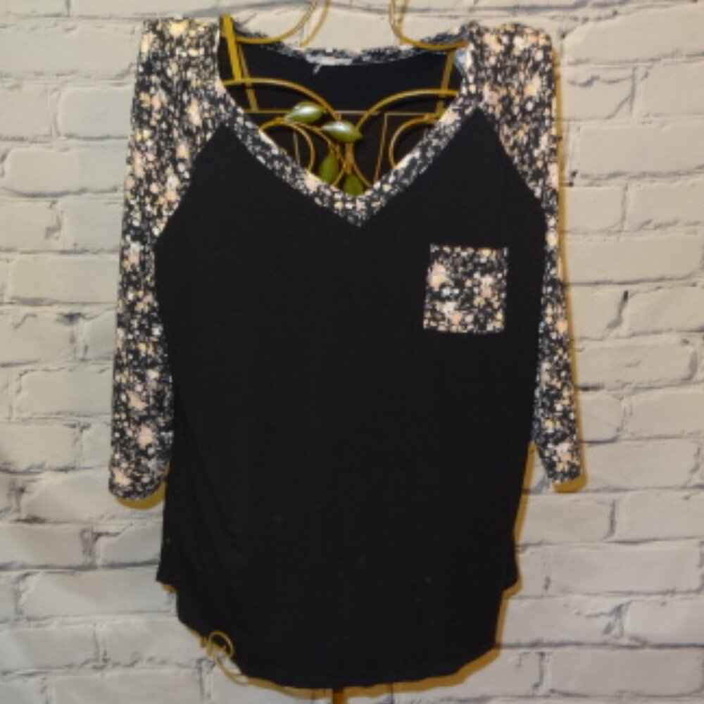 Loralette Black V-Neck with Floral Print Sleeves Top